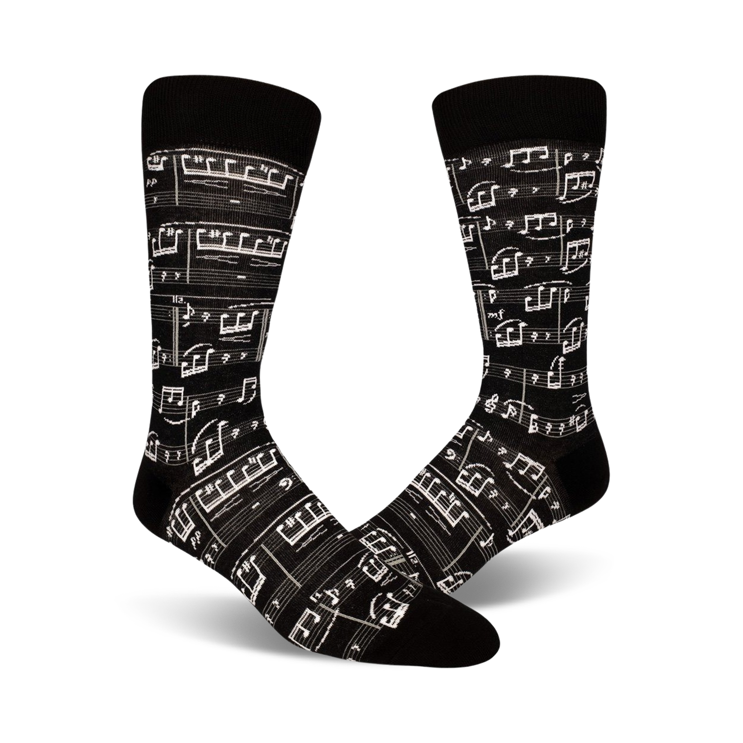 Pair of crew socks, black and beige options, featuring a printed musical score design.