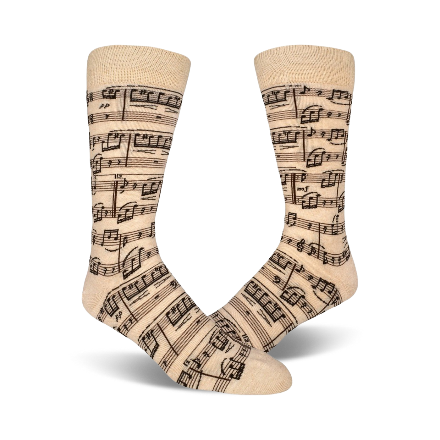 Close-up lifestyle shot of beige musical note socks on a person's feet.