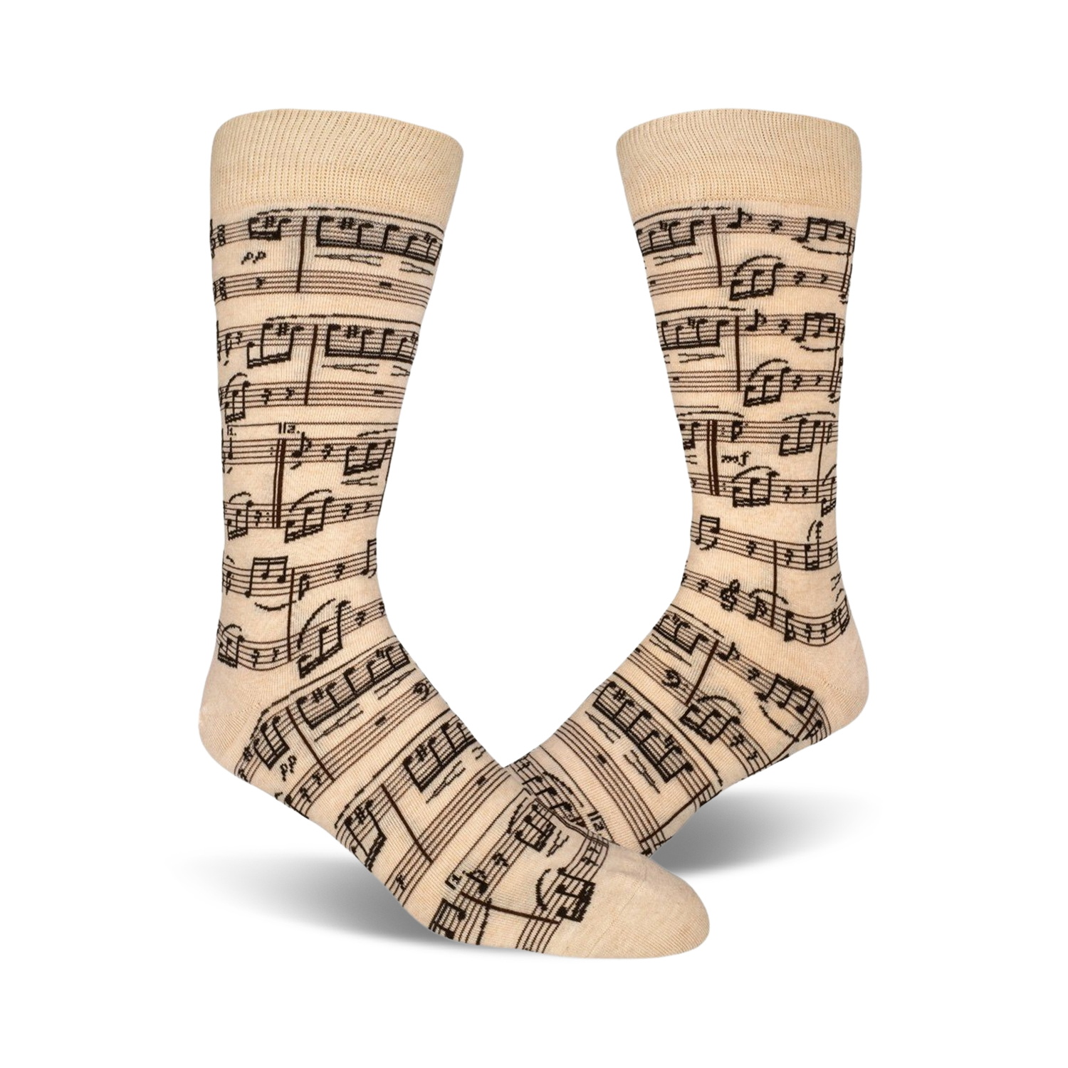 Close-up lifestyle shot of beige musical note socks on a person's feet.