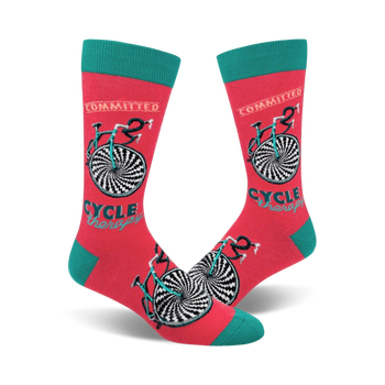 cycle therapy bicycle themed mens red novelty crew socks