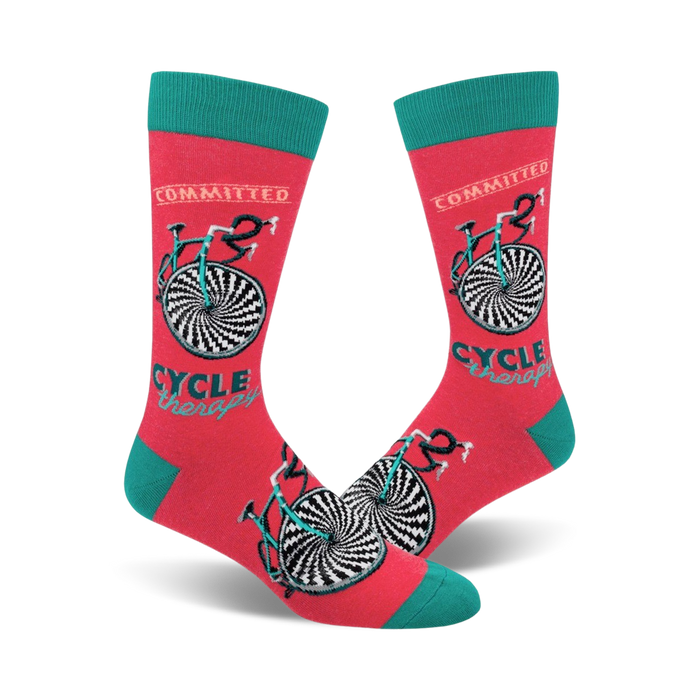pink and teal bicycle socks. crew length mens, committed...cycle therapy.    }}