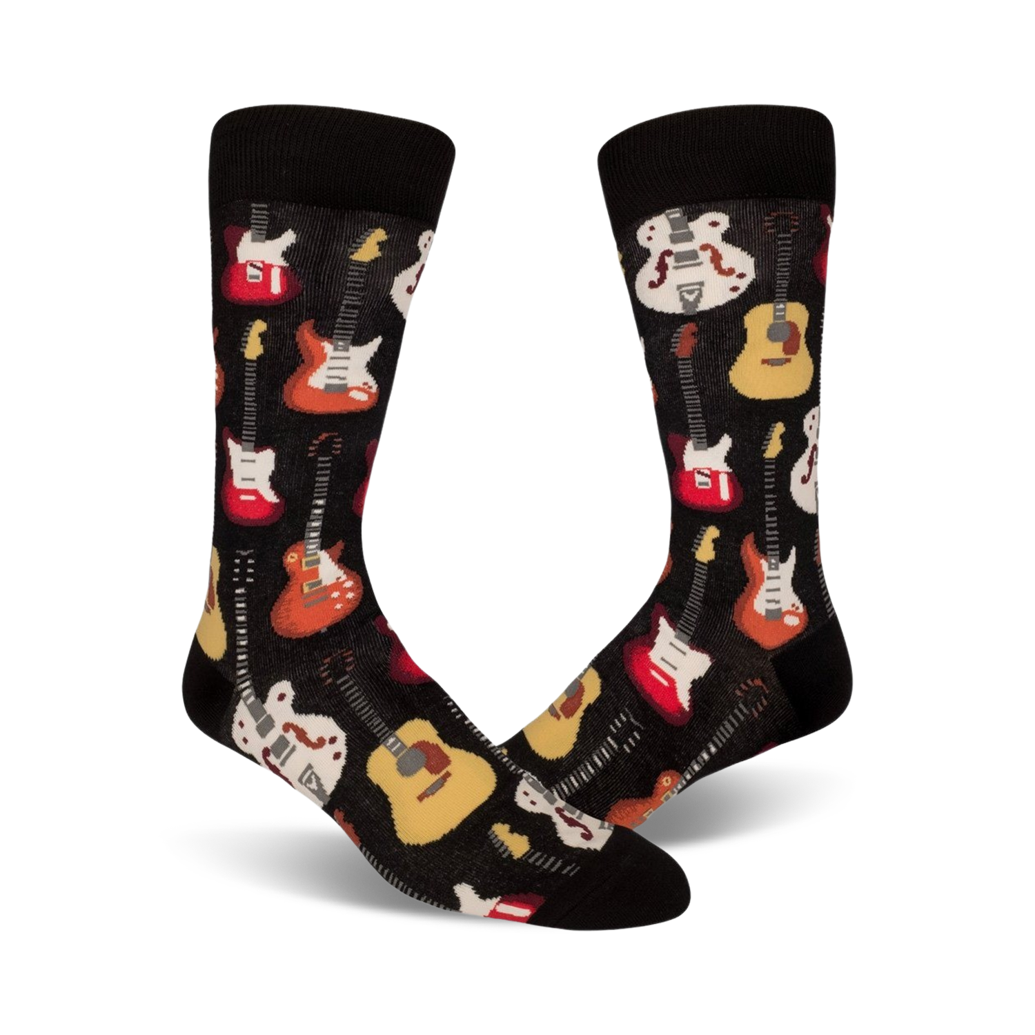 A pair of black crew socks with a colorful guitar pattern.  Red, yellow, and white guitars are featured on a black background.