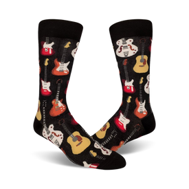 black crew socks with colorful guitar pattern, electric and acoustic designs.  