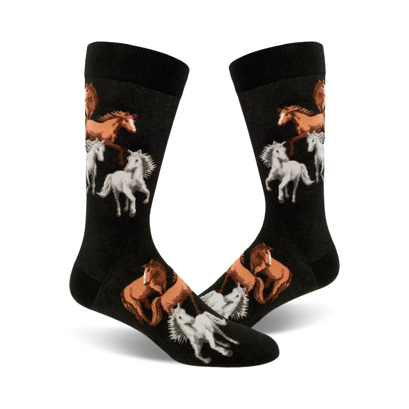 A pair of black crew socks with a pattern of brown and white horses. The horses are depicted in a playful, slightly whimsical style.
