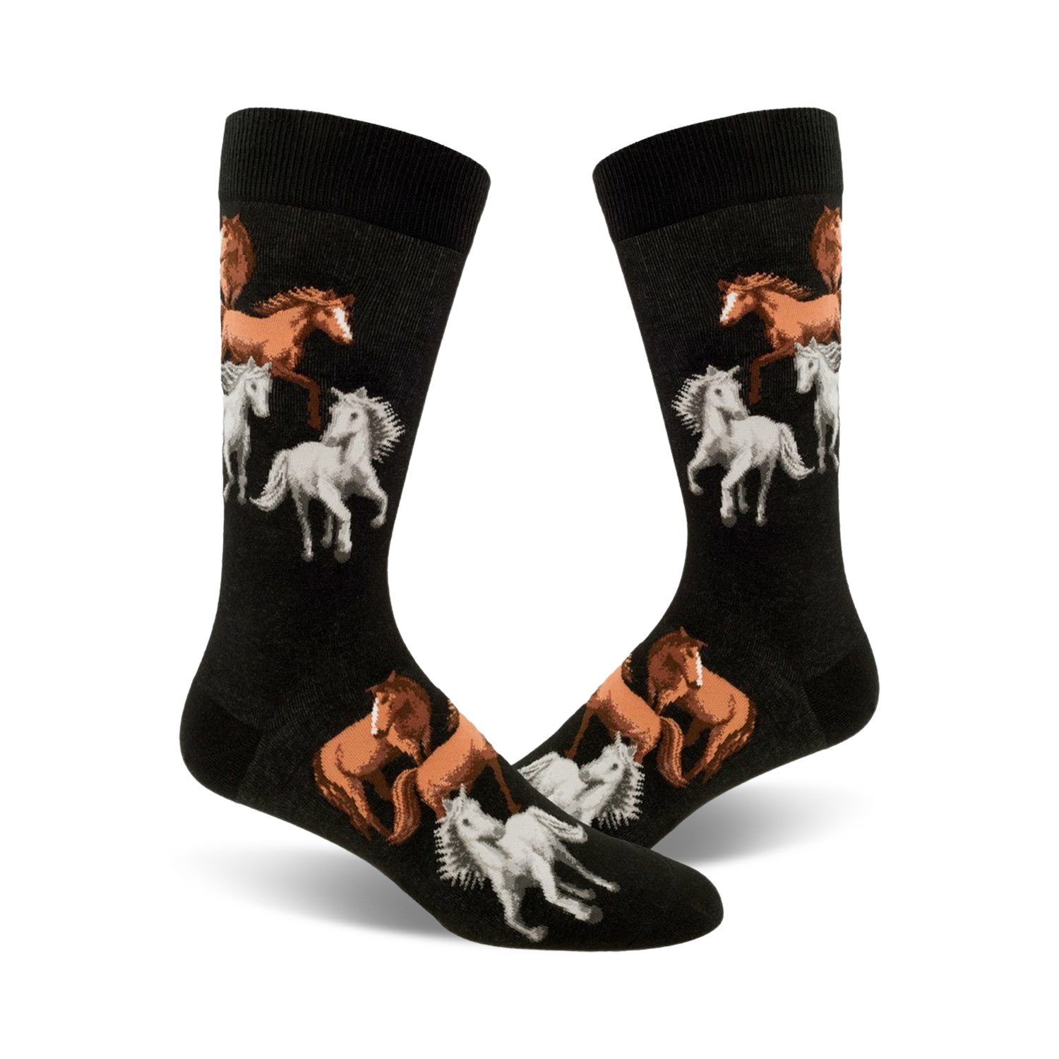 A pair of black crew socks with a pattern of brown and white horses. The horses are depicted in a playful, slightly whimsical style.