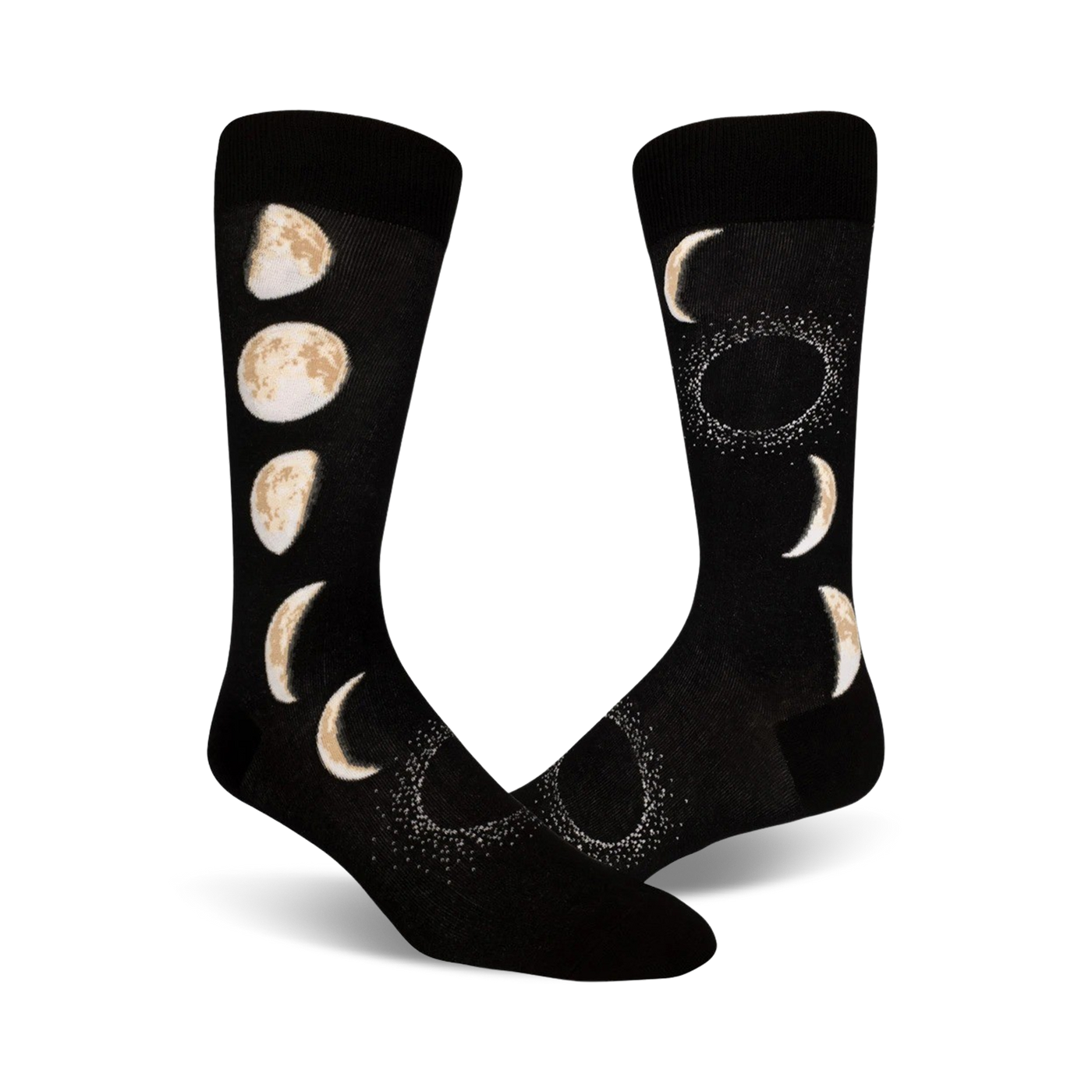 Pair of black crew socks with a beige moon phase design.  The socks feature crescent moons and full moons, with subtle sparkle detailing.