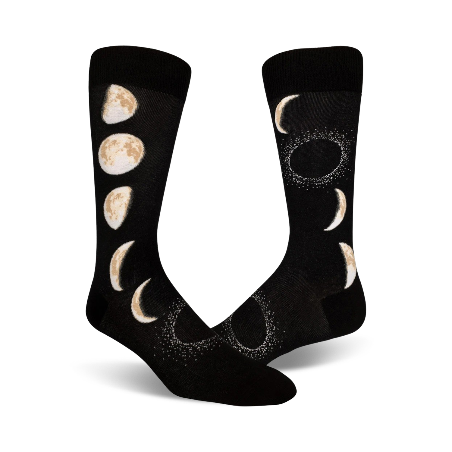 Pair of black crew socks with a beige moon phase design.  The socks feature crescent moons and full moons, with subtle sparkle detailing.