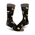 Pair of black crew socks with a gray cuff. Features a repeating pattern of various colorful cocktails on a dark background.