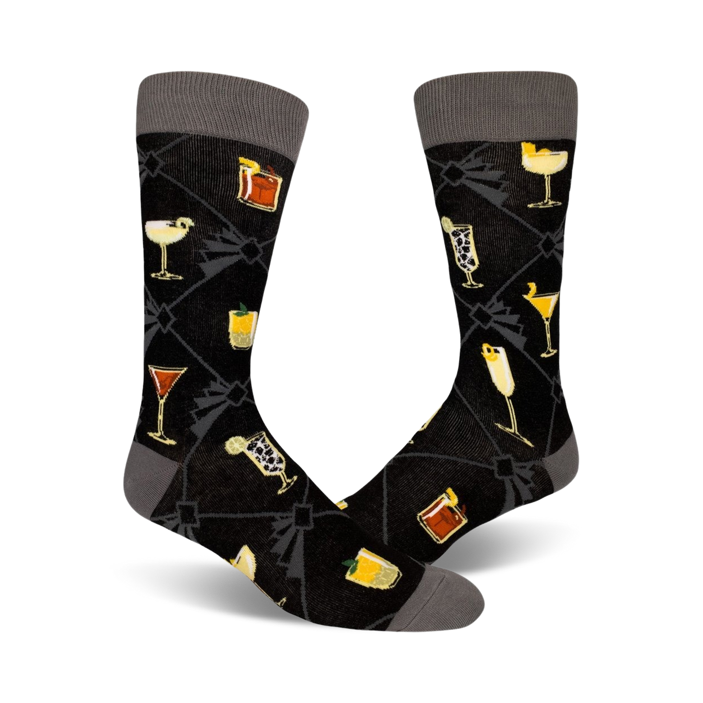 Pair of black crew socks with a gray cuff. Features a repeating pattern of various colorful cocktails on a dark background.