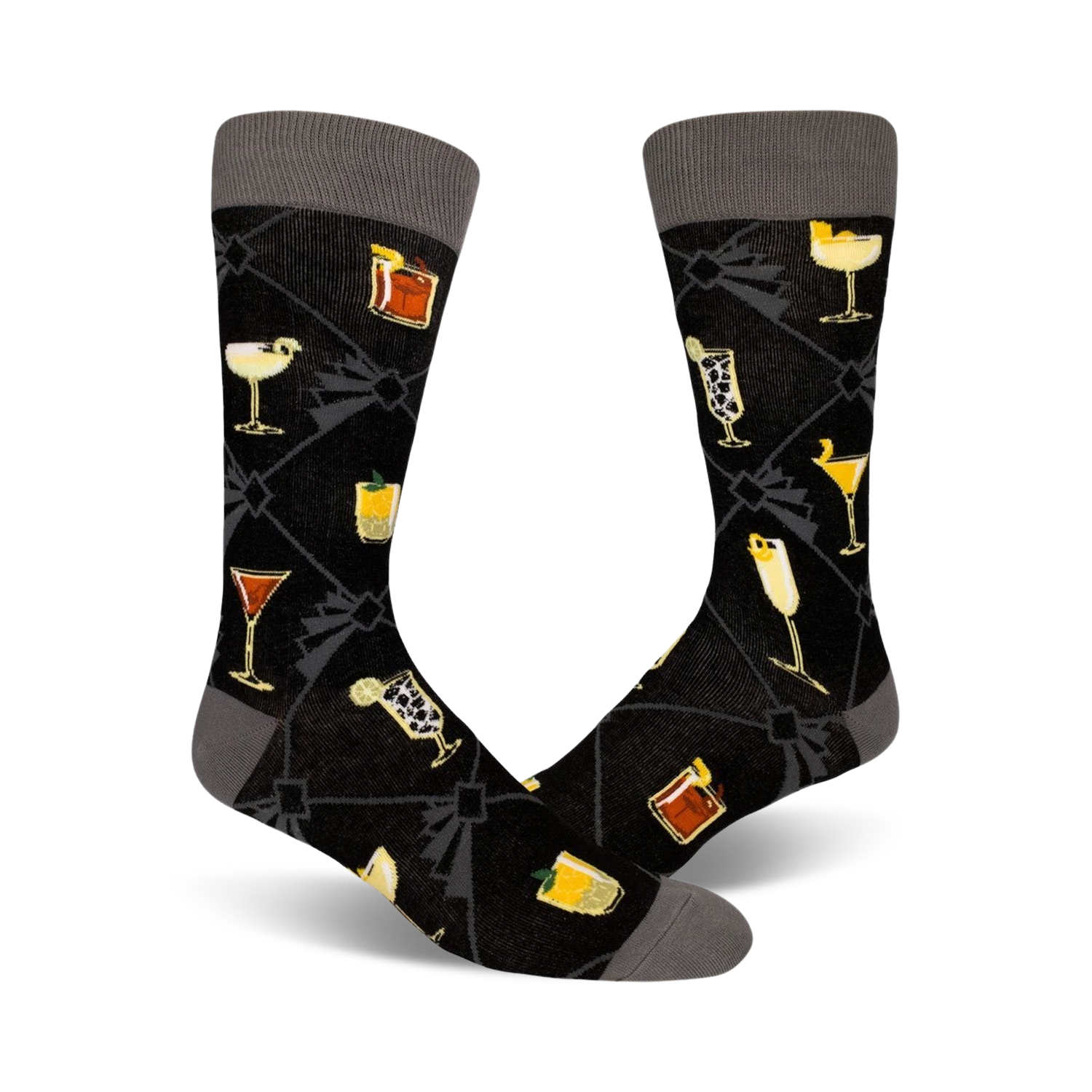 Pair of black crew socks with a gray cuff. Features a repeating pattern of various colorful cocktails on a dark background.