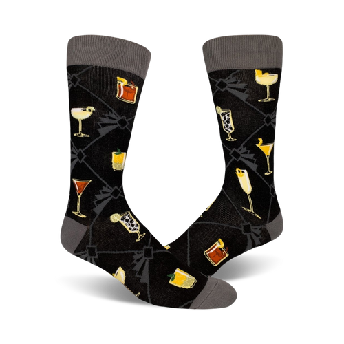 Pair of black crew socks with a gray cuff. Features a repeating pattern of various colorful cocktails on a dark background.