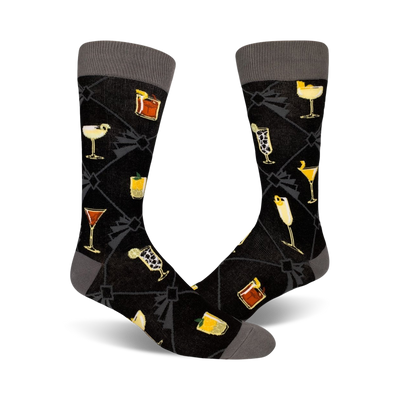 black crew socks with cartoon cocktail illustrations.  