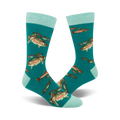 Pair of teal crew socks with a whimsical design of trout and other fish.  Light teal cuffs complete the look.