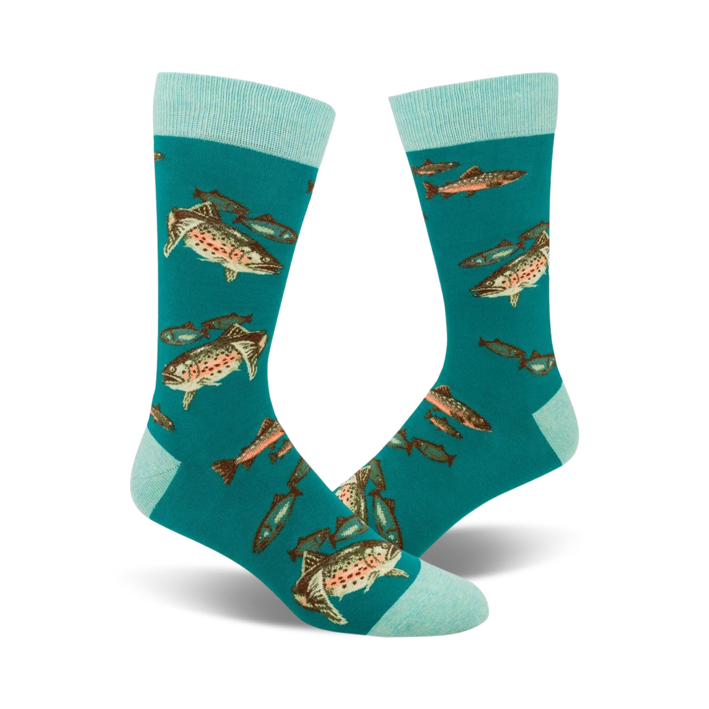 Pair of teal crew socks with a whimsical design of trout and other fish.  Light teal cuffs complete the look.