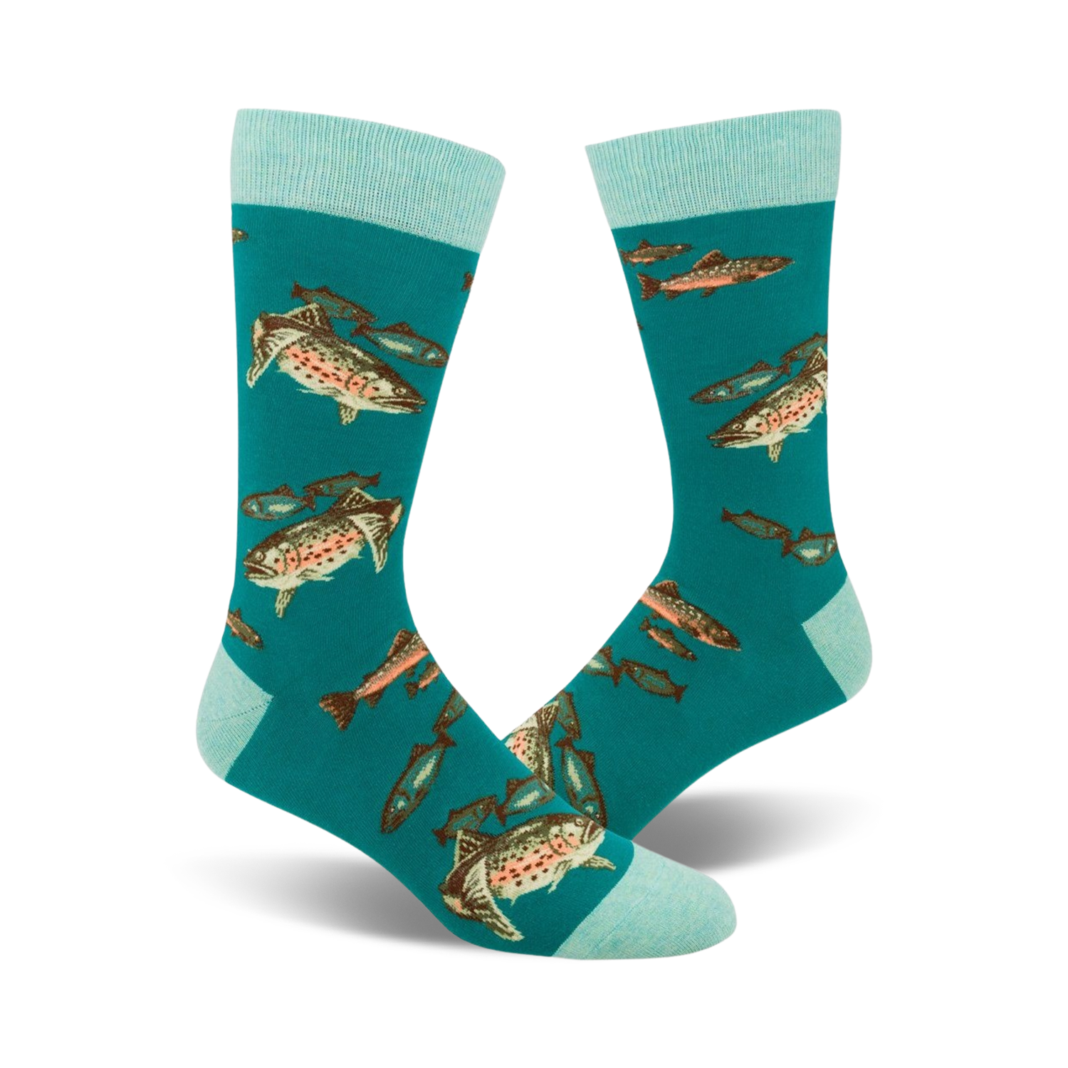 Pair of teal crew socks with a whimsical design of trout and other fish.  Light teal cuffs complete the look.