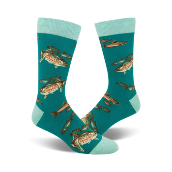 teal blue crew socks with swimming trout fish pattern in brown and orange.  