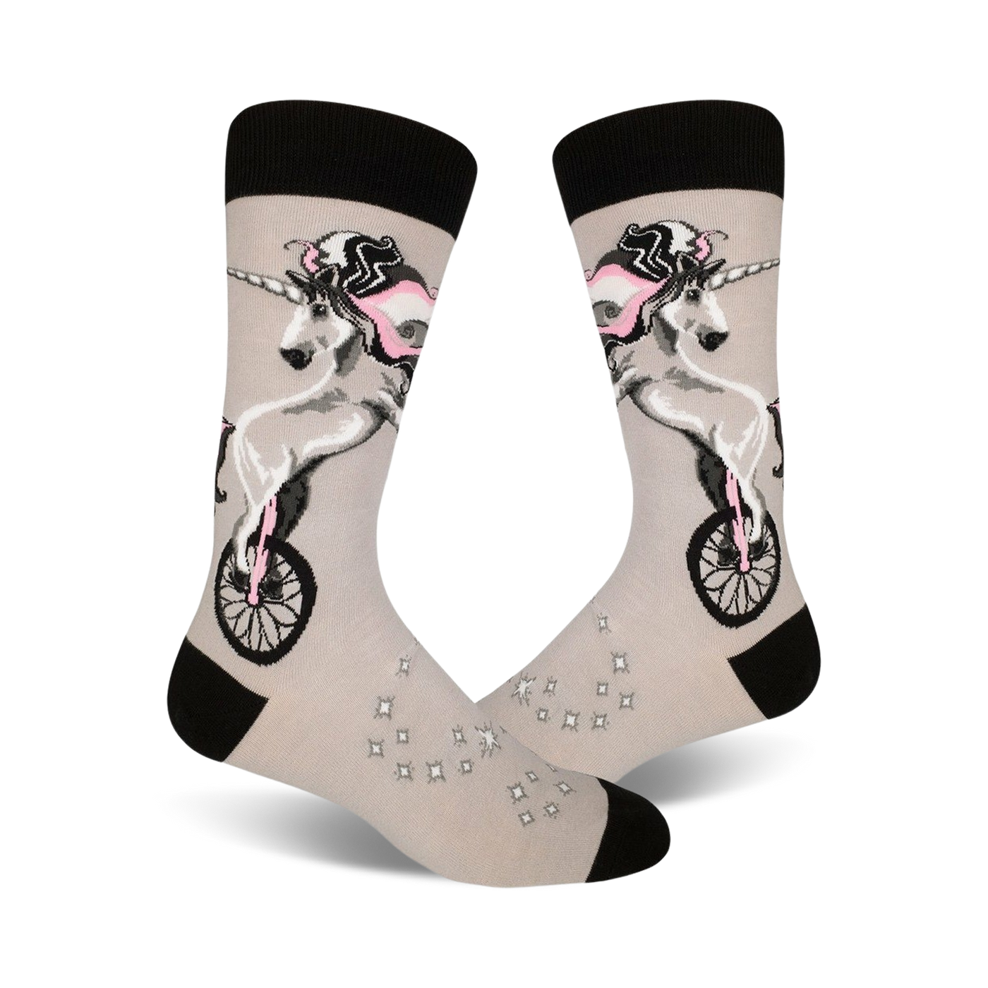 A pair of crew socks in grey with a whimsical design of a unicorn riding a unicycle, accented with pink and black details.