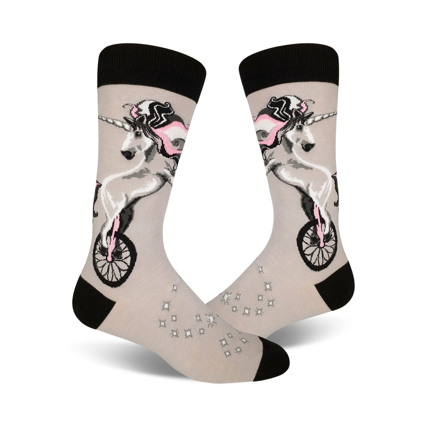 A pair of crew socks in grey with a whimsical design of a unicorn riding a unicycle, accented with pink and black details.