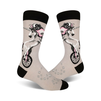 gray socks with stars, unicorn riding a pink unicycle, black tires  
