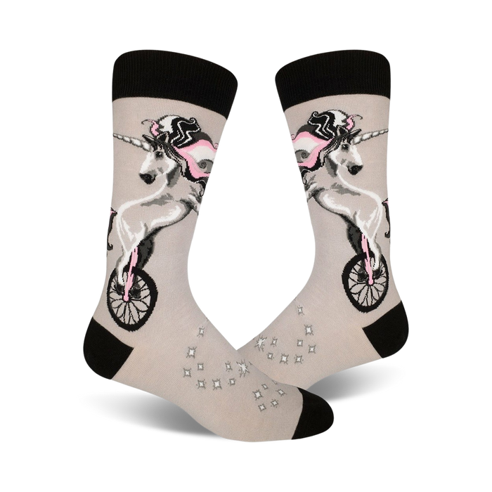 gray socks with stars, unicorn riding a pink unicycle, black tires   }}