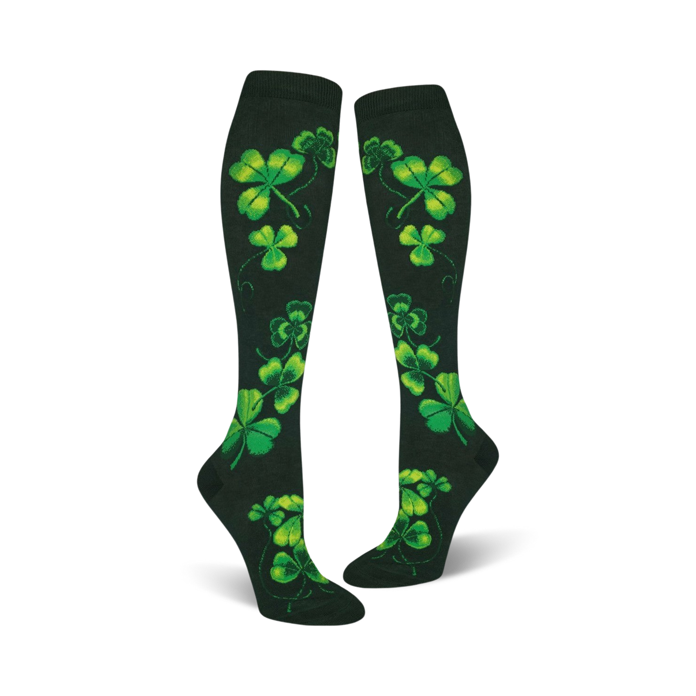 Pair of women's knee-high socks. Dark green background with bright green shamrock pattern. Festive and fun.