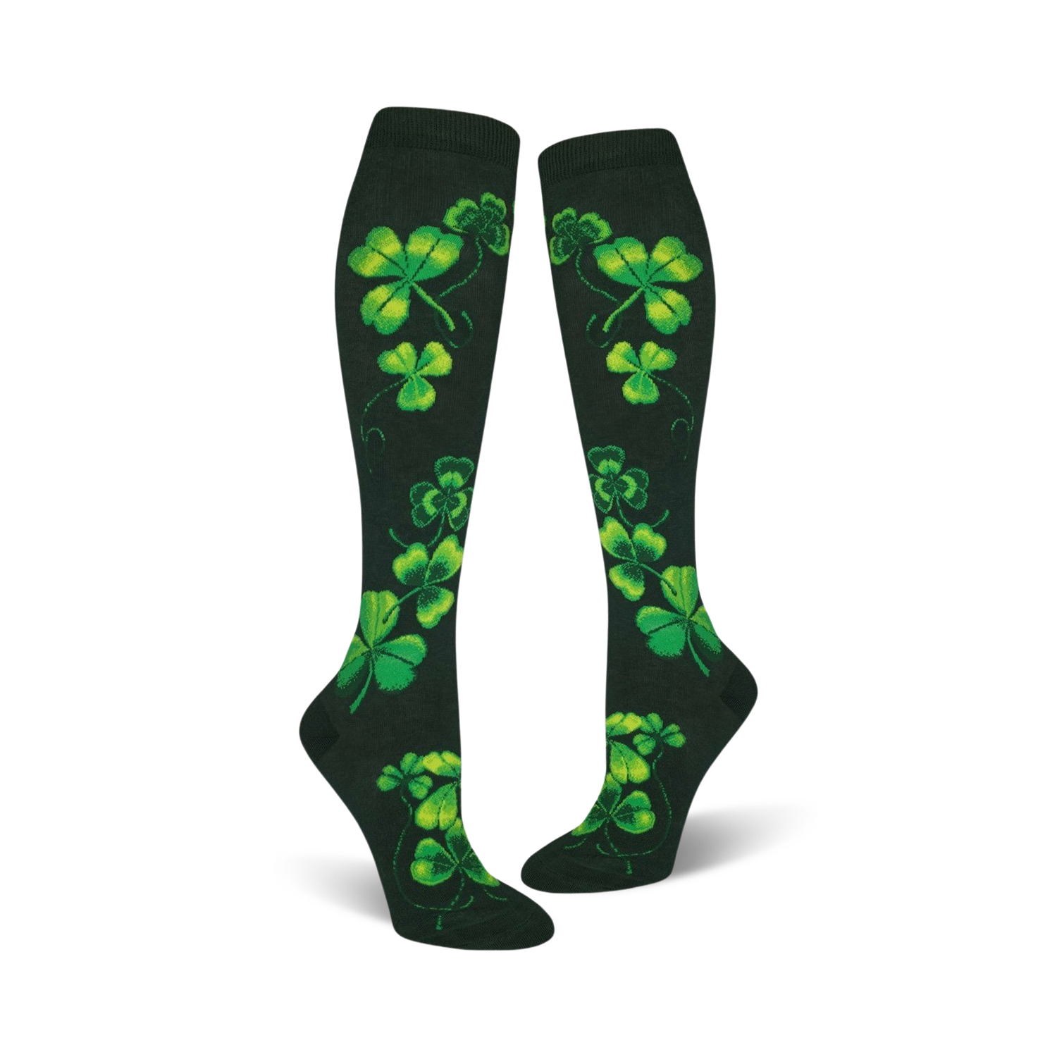 Pair of women's knee-high socks. Dark green background with bright green shamrock pattern. Festive and fun.