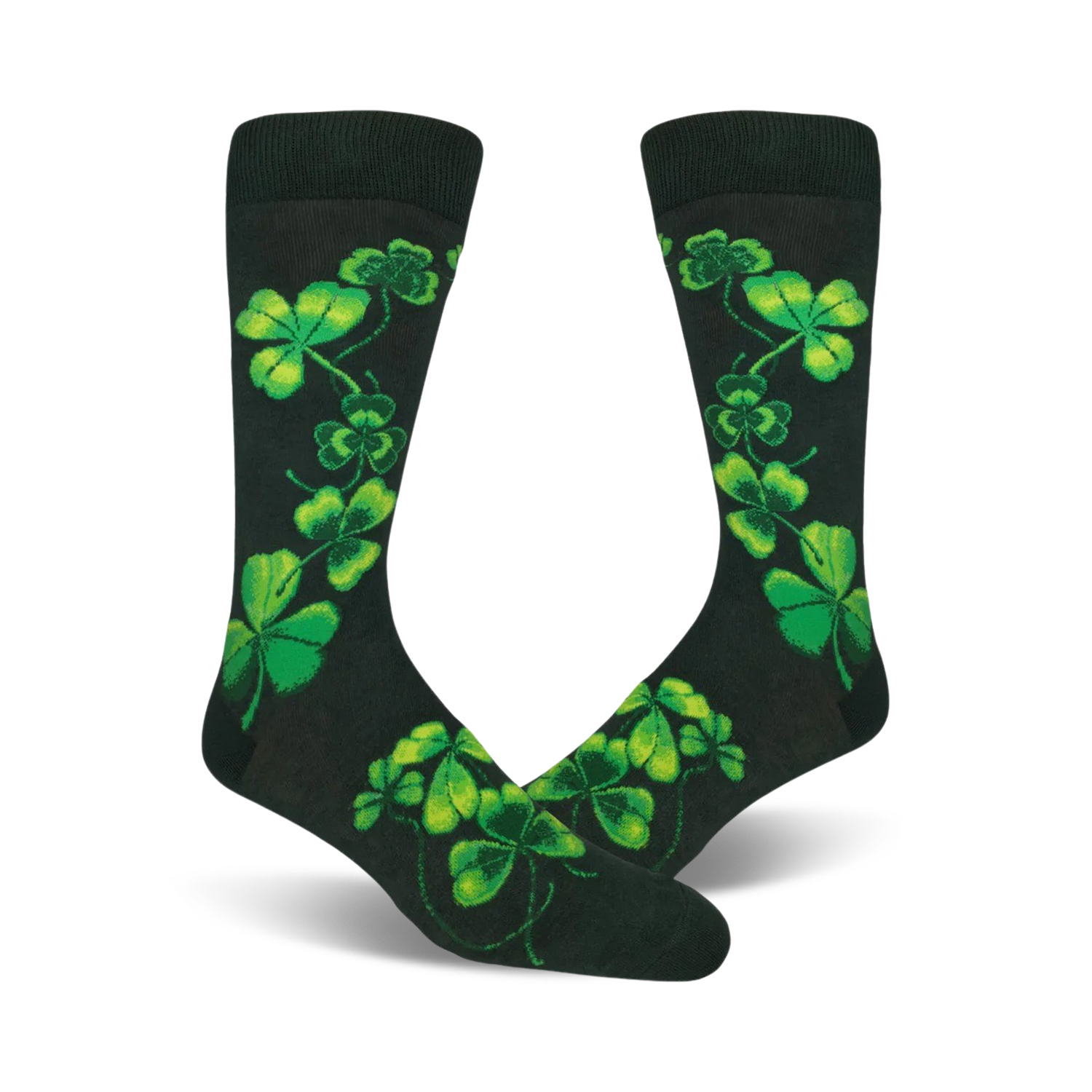 Pair of dark-green crew socks adorned with bright-green shamrock designs. The shamrocks are arranged in a playful, cascading pattern.