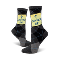 Pair of gray and black argyle crew socks. A yellow post-it note on each sock says 'LAWYER UP!' in blue.