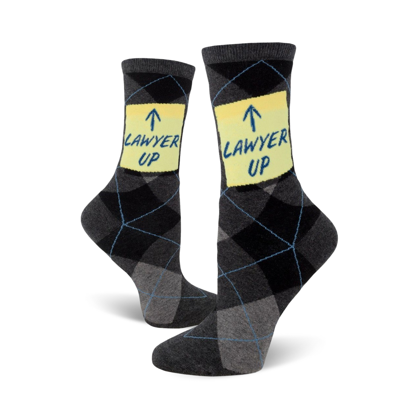 Pair of gray and black argyle crew socks. A yellow post-it note on each sock says 'LAWYER UP!' in blue.