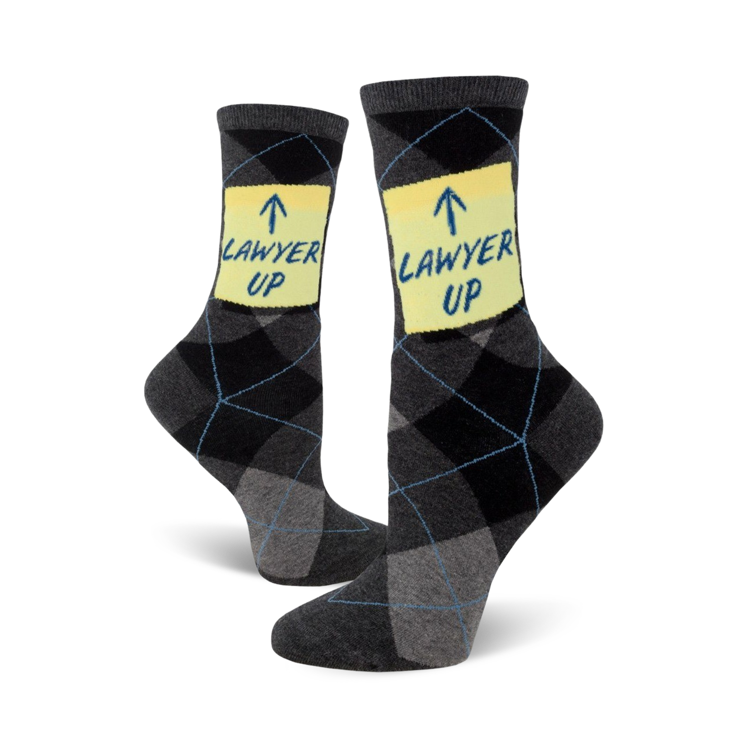 Pair of gray and black argyle crew socks. A yellow post-it note on each sock says 'LAWYER UP!' in blue.
