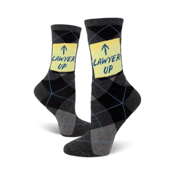gray crew socks featuring a yellow sticky note graphic with the phrase '{lawyer up}' for a humorous take on the legal profession.  