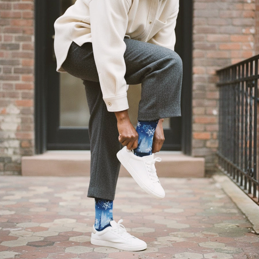Model wearing blue gradient crew socks with white snowflakes, grey trousers, and white sneakers on a brick-paved sidewalk. [lf]