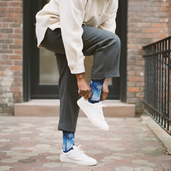 Model wearing blue gradient crew socks with white snowflakes, grey trousers, and white sneakers on a brick-paved sidewalk. [lf]