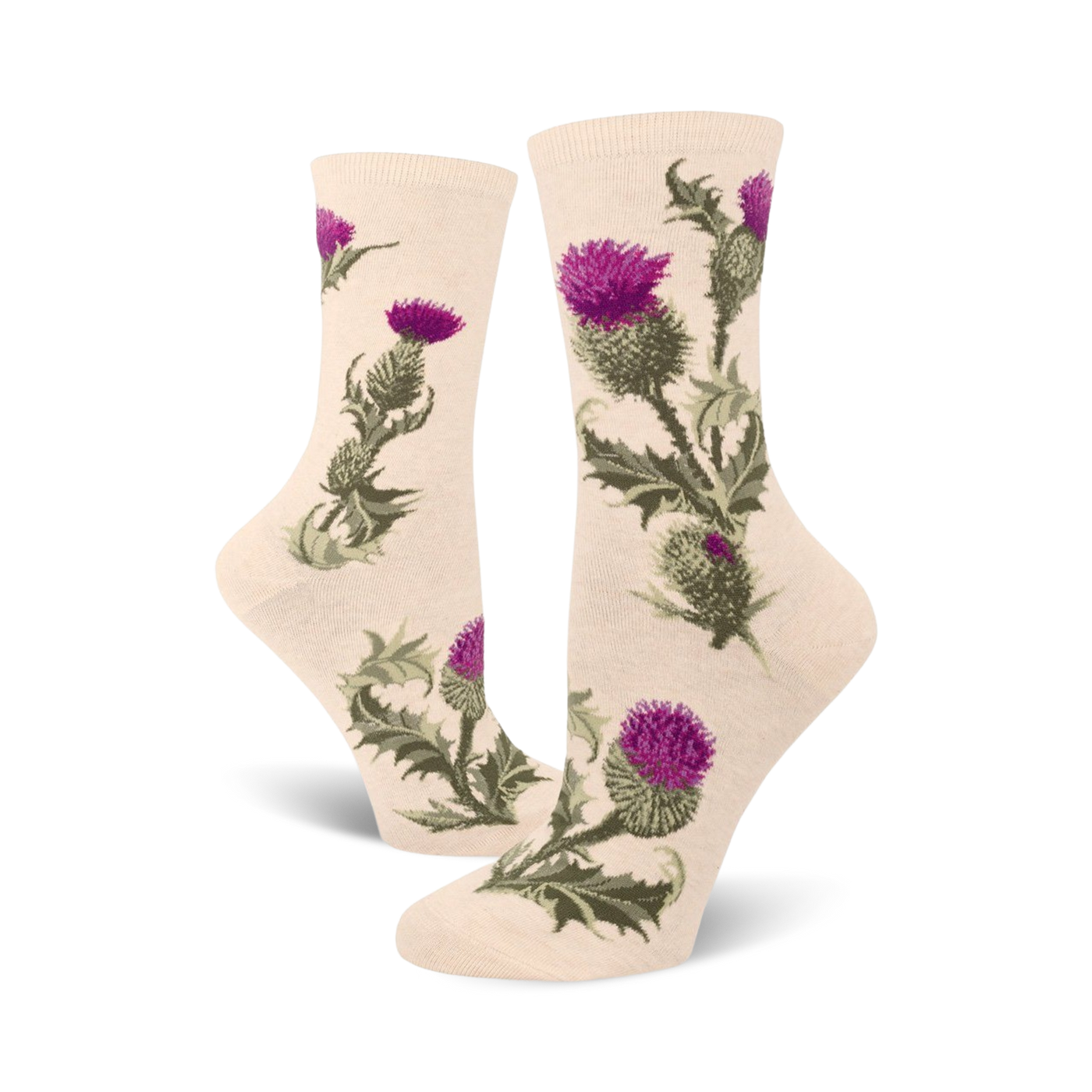 Cream crew socks adorned with a repeating pattern of purple and green thistles. Botanical illustration style.