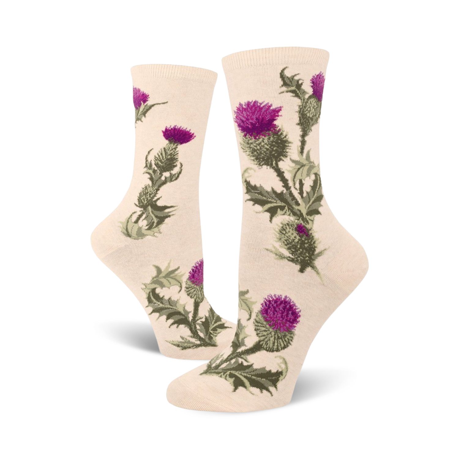 Cream crew socks adorned with a repeating pattern of purple and green thistles. Botanical illustration style.