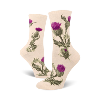 cream-colored crew socks with purple thistle and green leaves pattern.  