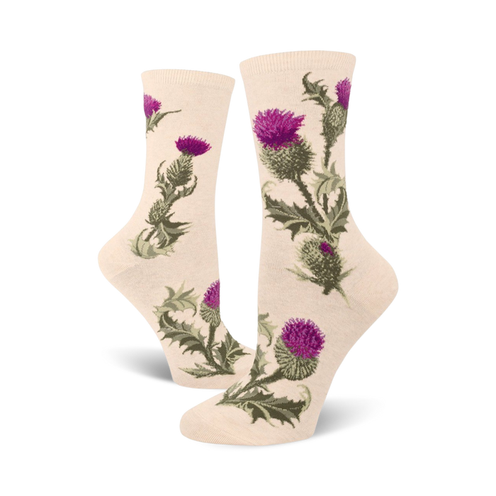 cream-colored crew socks with purple thistle and green leaves pattern.   }}