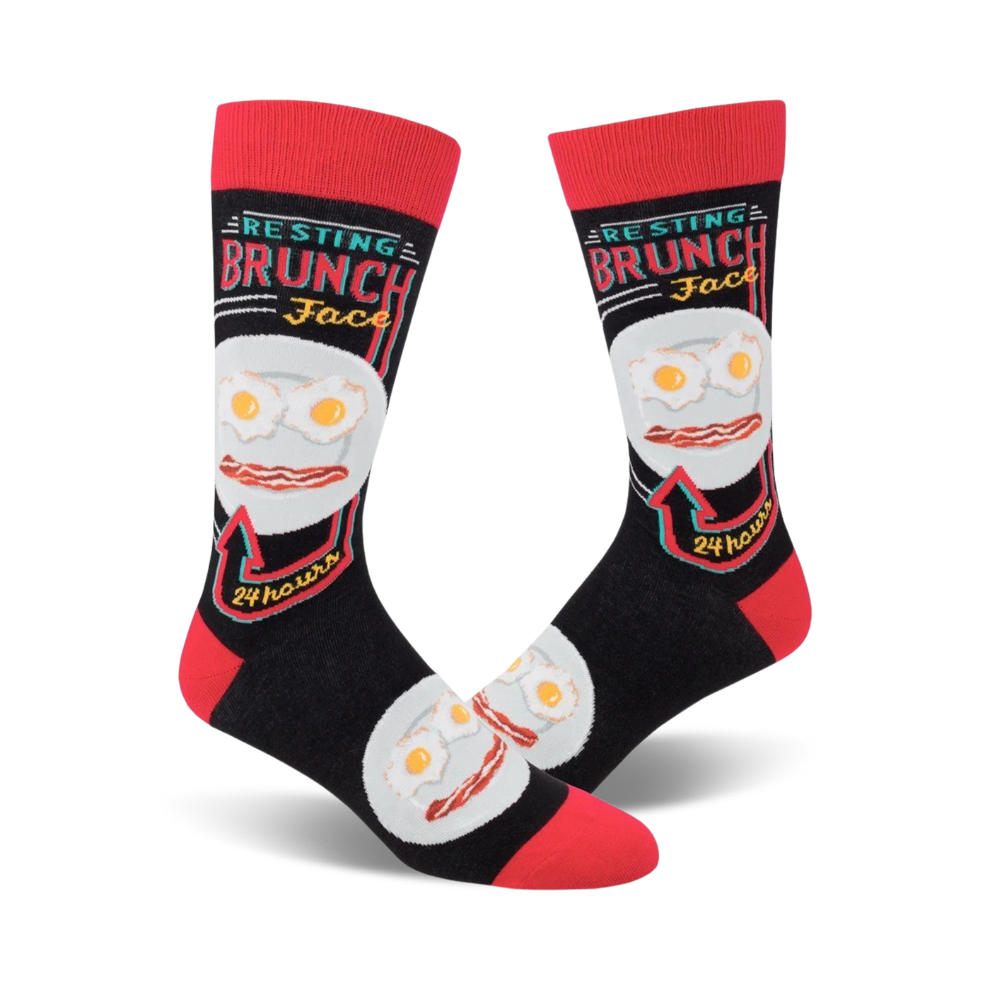 Pair of black crew socks with a red cuff.  The design features a plate of eggs and bacon with the text 'Resting Brunch Face' and '24 hours'.