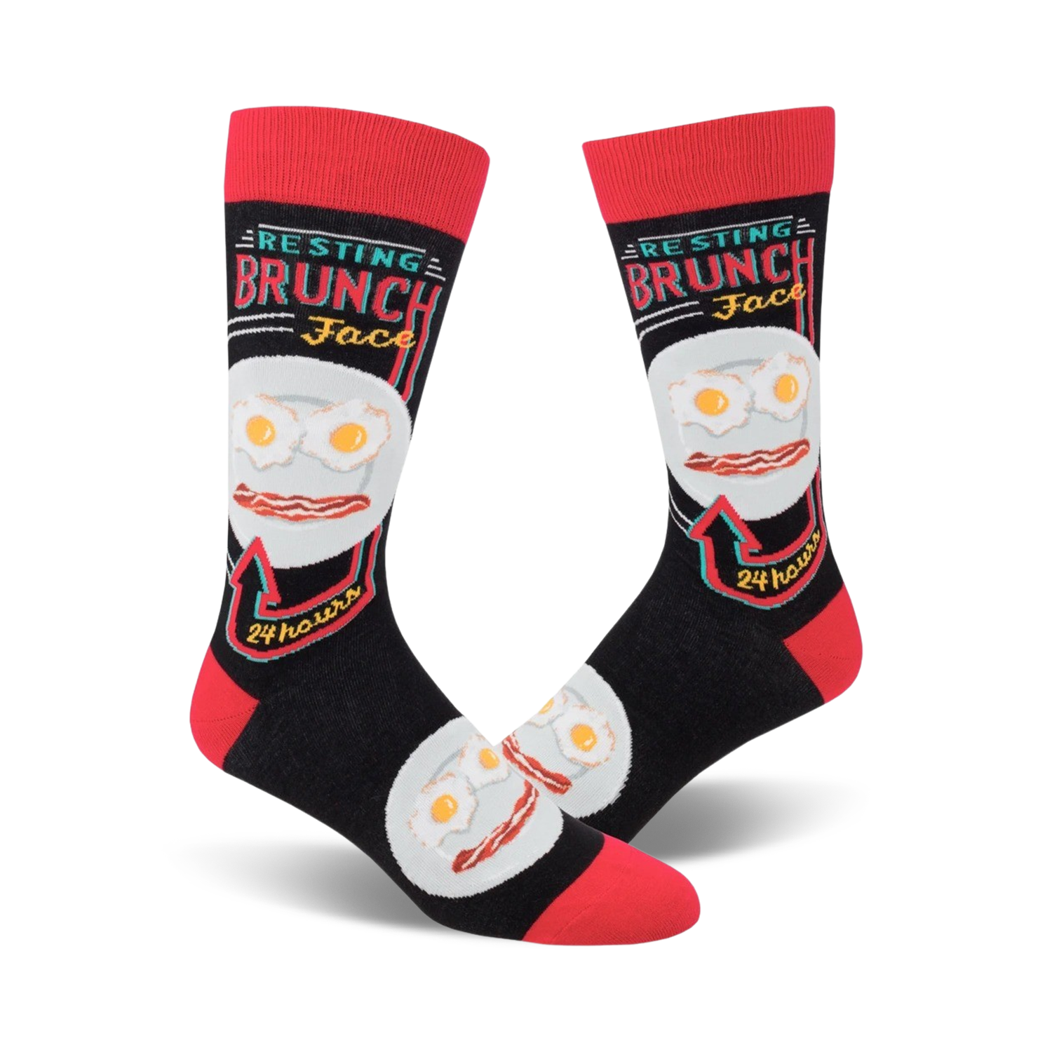 Pair of black crew socks with a red cuff.  The design features a plate of eggs and bacon with the text 'Resting Brunch Face' and '24 hours'.