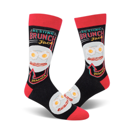 black crew socks with red accents and a playful "resting brunch face 24 hours" graphic.  