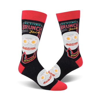 black crew socks with red accents and a playful "resting brunch face 24 hours" graphic.  