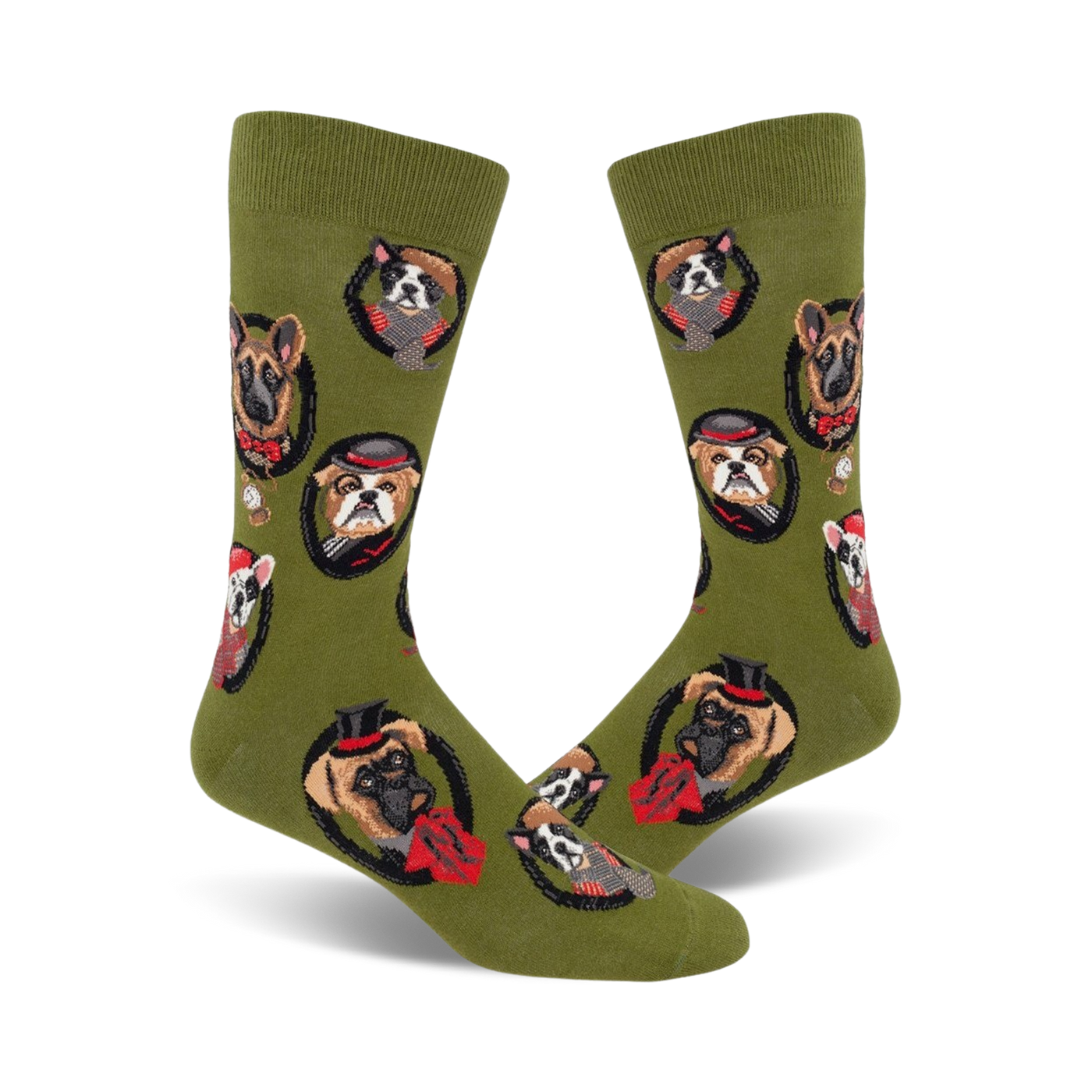 Olive green crew socks with a repeating pattern of dogs in top hats and bow ties. Each dog portrait is encircled.