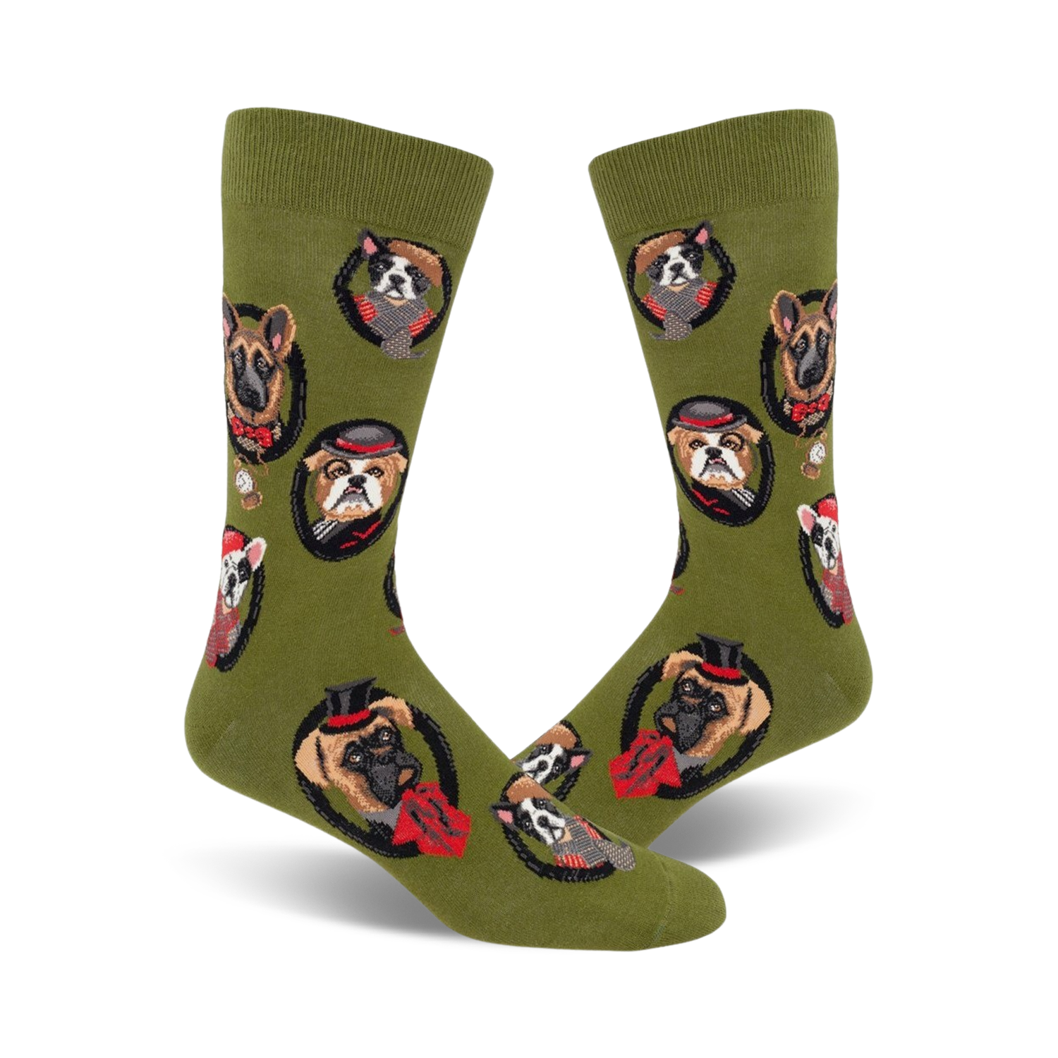 Olive green crew socks with a repeating pattern of dogs in top hats and bow ties. Each dog portrait is encircled.