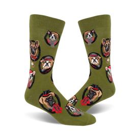 dark forest green crew socks with cartoon dogs wearing hats, ties, and bow ties.  