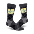 Pair of men's crew socks in grey and black argyle pattern. Each sock features a yellow sticky note with the phrase 'Lawyer Up' written on it.