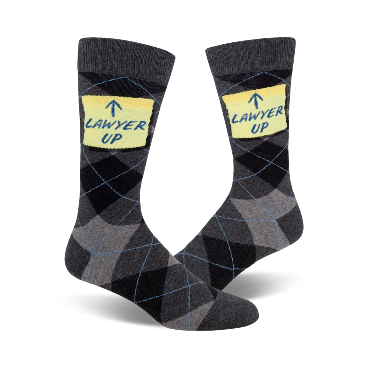 Pair of men's crew socks in grey and black argyle pattern. Each sock features a yellow sticky note with the phrase 'Lawyer Up' written on it.