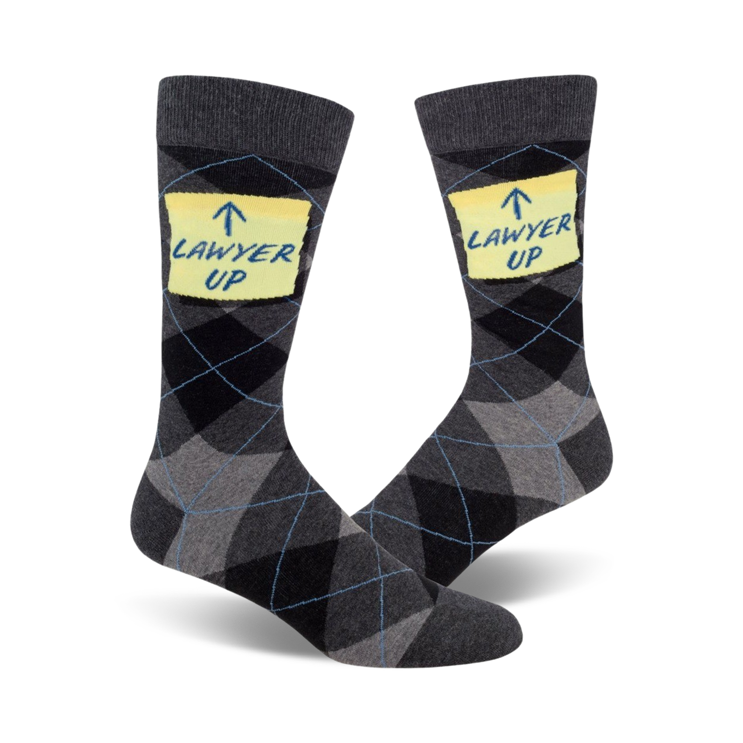 Pair of men's crew socks in grey and black argyle pattern. Each sock features a yellow sticky note with the phrase 'Lawyer Up' written on it.