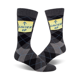 mens gray lawyer up crew socks with bright yellow sticky note design.  