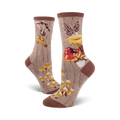 Pair of crew socks, featuring various types of mushrooms in red, brown, and yellow on a taupe background.  A whimsical, nature-inspired design.