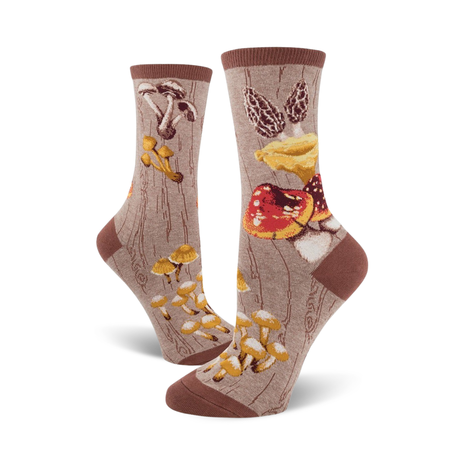 Pair of crew socks, featuring various types of mushrooms in red, brown, and yellow on a taupe background.  A whimsical, nature-inspired design.